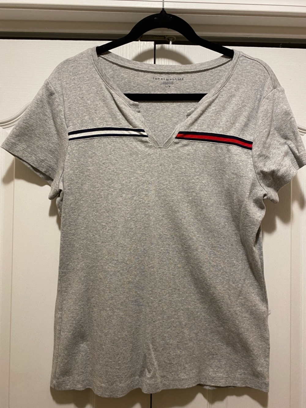 Tommy Hilfiger Light Gray Short Sleeve Tee with Navy and Red Stripes